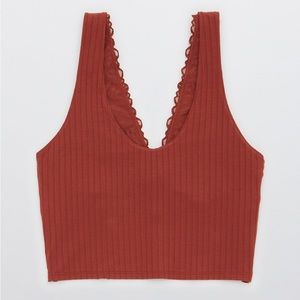 aerie Red Ribbed Firework Lace Longline Bralette Tank w/ Built-in Bra Size M